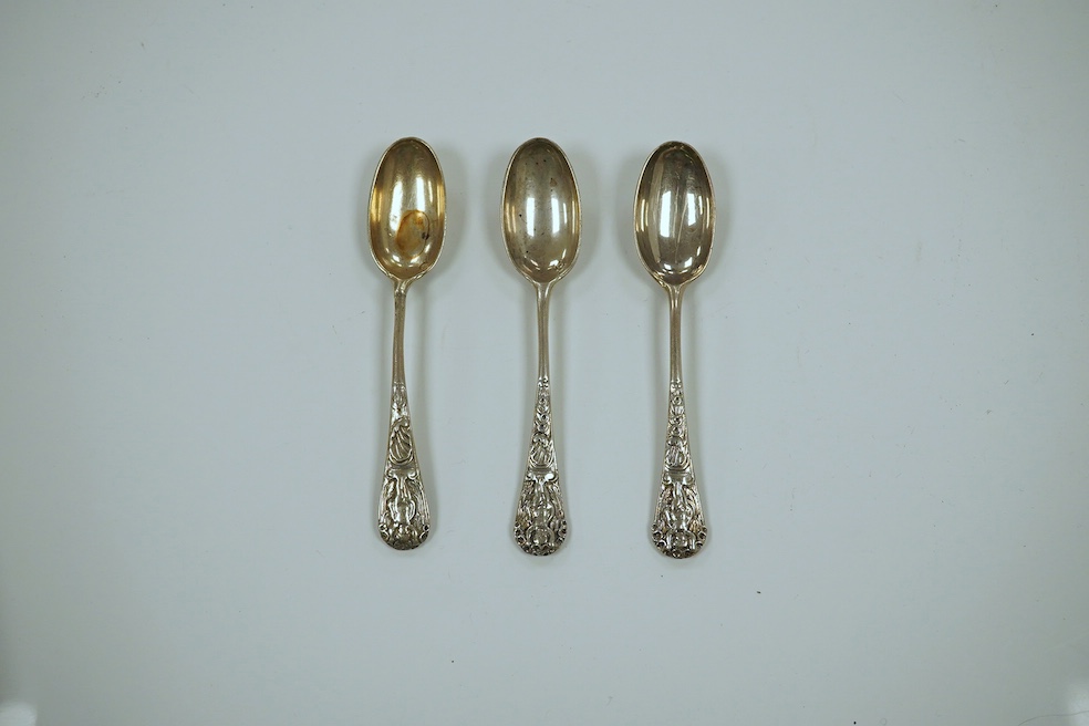 A set of twelve early 20th century French white metal teaspoons and a later silver napkin ring. Condition - poor to fair